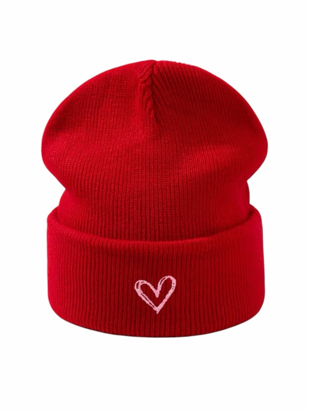 Red Knit Beanie With Pink Heart On Brim New Without Tags
